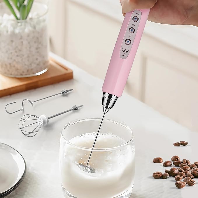 Milk Frother Wand Rechargeable Handheld Electric Whisk 3 Speed Adjustable | Coffee Frother Wand with 3 Stainless Whisks Electric Foam Maker Drink Mixer Blender for Latte Cappuccino Matcha Egg