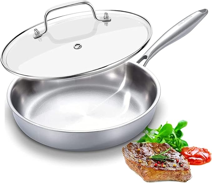 DELARLO Tri-Ply Stainless Steel Pan,18/10, 9" | Nontoxic Durable Oven Safe 800℉ All Cooktops Compatible Fast Even Heat PFOA Free Large Frying Pan Nontoxic Cookware