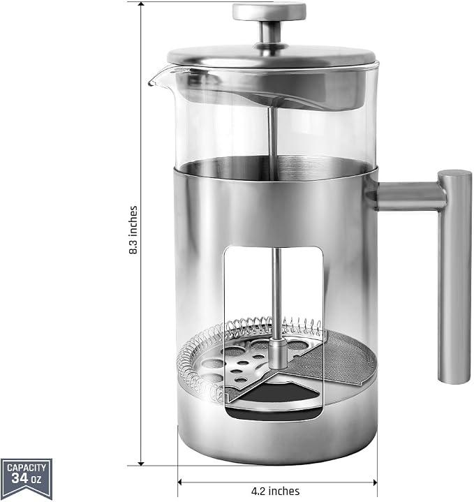34 Ounce French Press Coffee Maker with Stainless Steel 18/8 frame, 1 Litre Heat Resistant Borosilicate Glass Carafe includes 2 extra French Press Filters and 1 Coffee Spoon