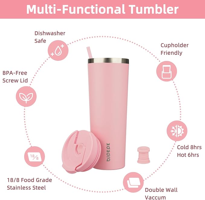 BJPKPK 30 oz Coffee Tumbler with Straw, Insulated Stainless Steel Cup | Double Wall Vacuum, Leak Proof Lid, Keeps Hot/Cold/Iced, BPA Free, Dishwasher Safe, Travel & Outdoor, Light Pink