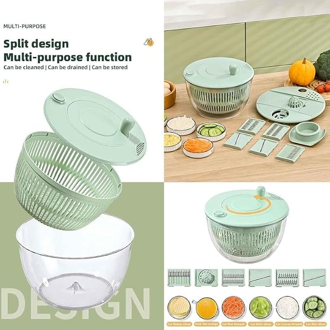 Ceruaxb Salad Spinner Chopper, 5.3 Qt Lettuce Dryer with 5 Blades, Green | Vegetable and Fruit Wash Bowl, Kitchen Colander, Egg Yolk Strainer, Slicing and Shredding, Rinsing, Draining and Food Prep