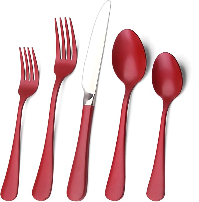 Red Silverware Set, Bysta 20-Piece Stainless Steel Flatware Set, Kitchen Utensil Set Service for 4, Tableware Cutlery Set for Home and Restaurant, Knives mirror polish, Dishwasher Safe