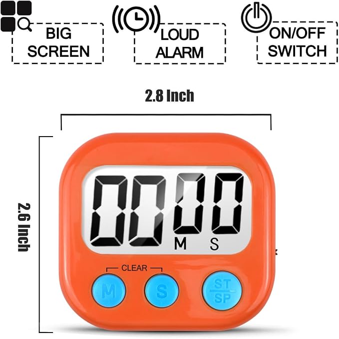 6 Pack Digital Kitchen Timer for Cooking Big Digits Loud Alarm Magnetic Backing Stand Cooking Timers for Baking Orange
