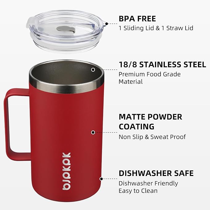 BJPKPK 25oz Insulated Coffee Mug with Handle, Stainless Steel Travel Mug | Keeps Drinks Hot & Cold, Double Wall Vacuum, 2 Lids Included, BPA-Free Coffee Tumbler for Home, Office & Travel