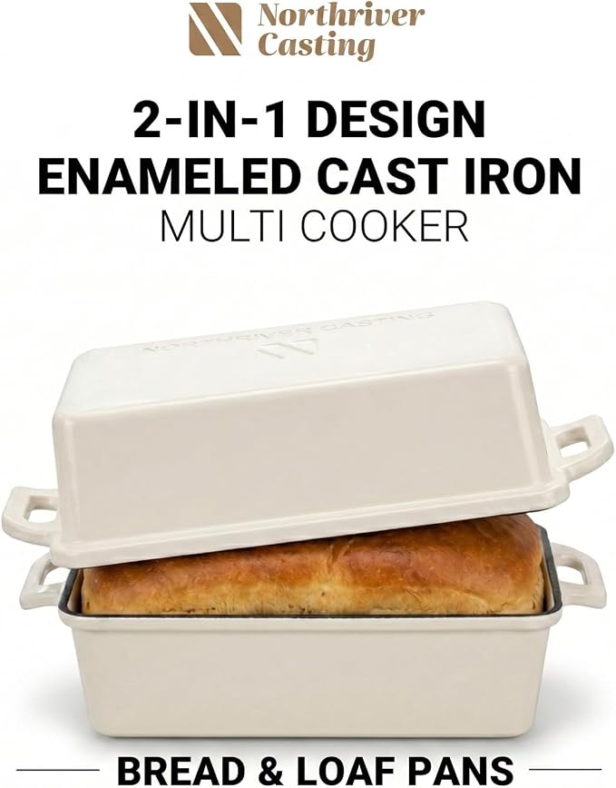 Northriver Casting 2 in 1 Enameled Cast Iron Bread Pan with Lid, Perfect Bread Oven, Loaf Pans for Baking Homemade Sourdough Bread 9x5, 2 Piece set, White