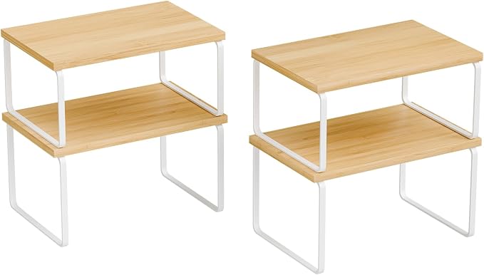 Ekisemio Kitchen Cabinet Organizer, Bamboo Spice Rack Organizer for Cabinet, Stackable & Expandable Counter Shelves, Set of 4, White and Natural