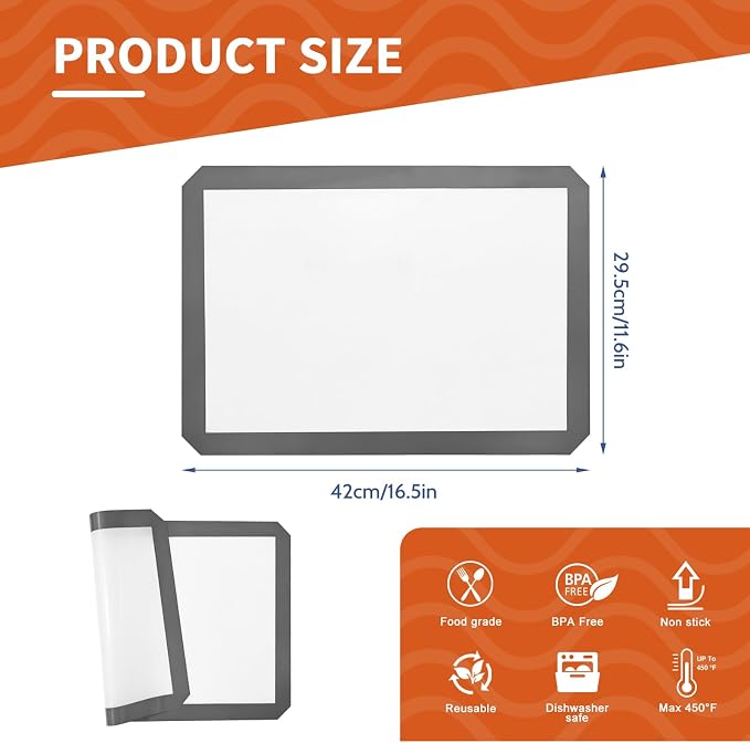 2-Pack Silicone Baking Mat, 16.5"x11.6" Reusable Silicone Baking Sheets for Oven, BPA Free Nonstick Bakeware Mats for Cookies, Macarons, Bread and Pastry