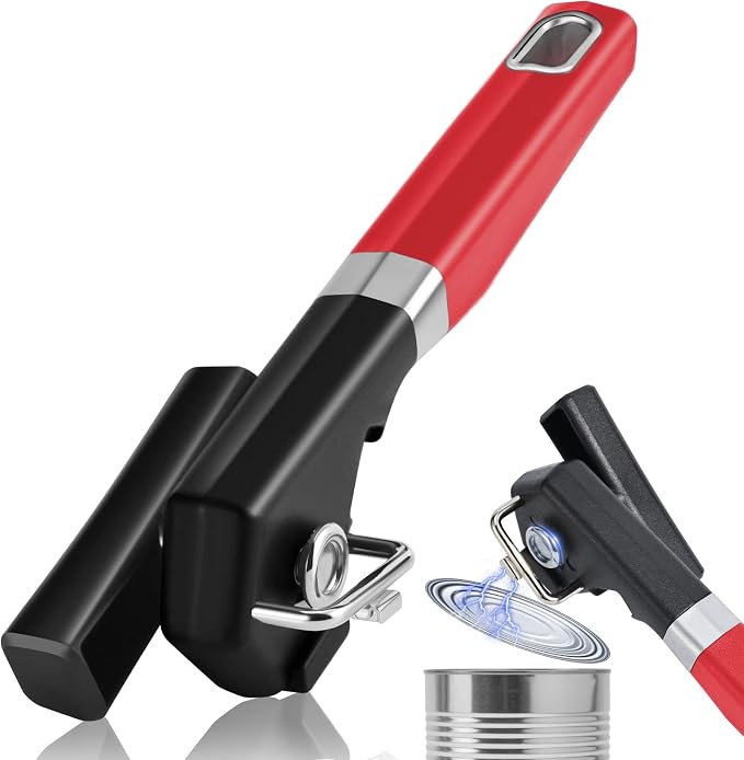 2 in 1 Safety Can Opener Manual Smooth Edge & Bottle Opener, No-Trouble-Lid-Lift Manual Can Opener with Magnet, Large Rubber Handle & Stainless Steel Blade, Side Cut Hand Can Opener for Kitchen (Red)