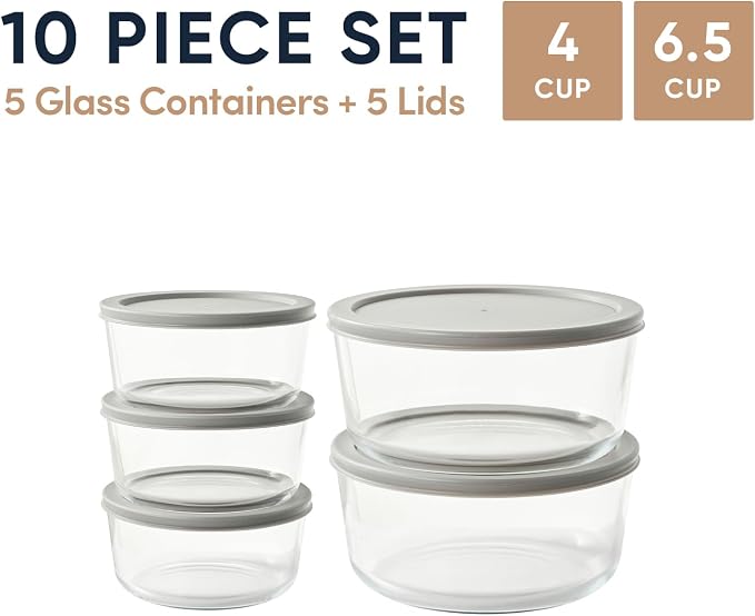 10-Piece Glass Food Storage Containers Set (5 Containers + 5 BPA-Free Lids) | 4-Cup & 6.5-Cup, Leakproof | Microwave, Freezer, Oven & Dishwasher Safe | Ideal for Meal Prep & Pantry Organization, Grey