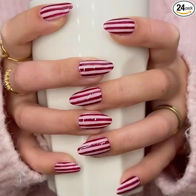Stripe Press On Nails Short Almond Fake Nails With Pink Stripe Designs | Glossy False Nails Acrylic Nails Press Ons Full Cover Glue On Nail Reusable Stick On Nail For Women 24Pcs