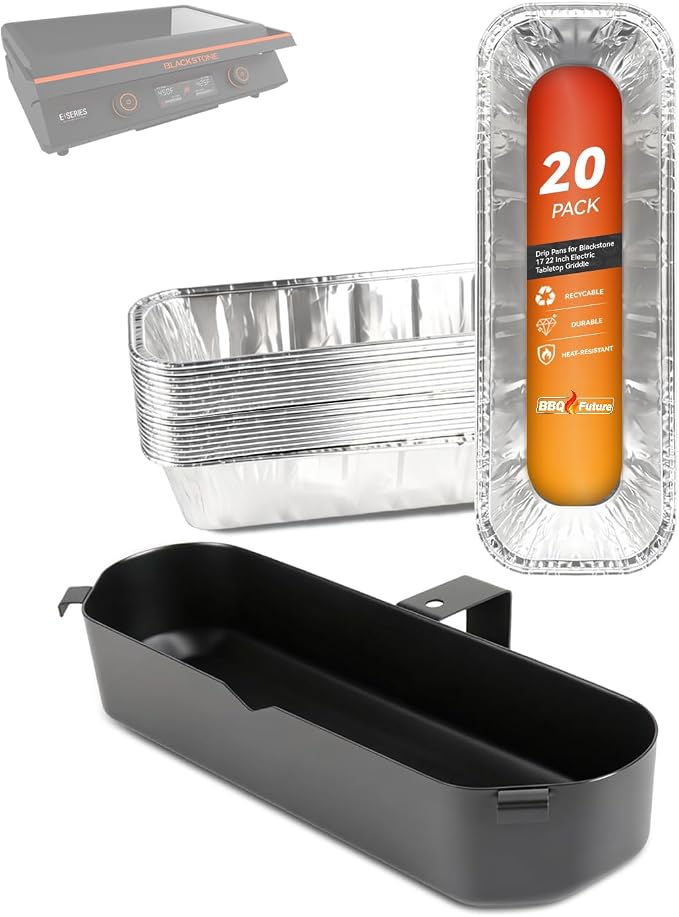 BBQ Future Grease Cup with 20 Pack Aluminum Foil Liners for Blackstone 22 Inch Electric Griddle, Grease Catcher Drip Pan Tray Replacement for 17" & 22" Electric Griddle Models 8001, 8003, 8000, 8005