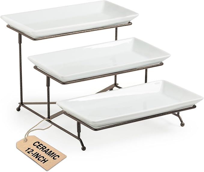 LAUCHUH 3 Tier Serving Tray for Party, Porcelain Tiered Serving Tray Stand | Serving Platter with Collapsible Sturdier Metal Rack Fruit Tray with 2 Cross Bars for Thanksgiving Day, 12 Inch, Bronze