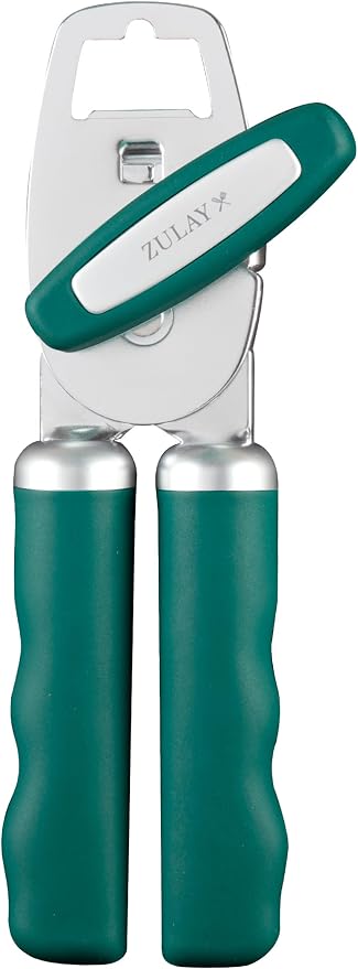 Zulay Kitchen Heavy Duty Stainless Steel Can Opener Manual with Bottle Opener - Rust Proof Manual Can Opener With Turn Knob & Comfy Soft Grip Handles - Emerald