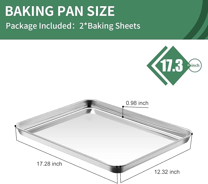 Baking Sheets Set of 2, HKJ Chef Cookie Sheets 2 Pieces & Stainless Steel Baking Pans & Toaster Oven Tray Pans, Rectangle Size 18 x 13 x 1 inch, Non Toxic & Healthy & Easy to Clean