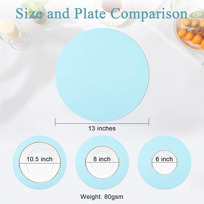 SHACOS 100 pcs Round Paper Placemats Disposable 13 inch Colored Paper Decorative Place Mats for Wedding Birthday Party Bridal Baby Shower Table Decoration, Light Blue