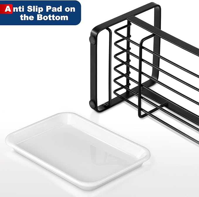 HULISEN Kitchen Sponge Holder, 304 Stainless Steel Sink Caddy, Black | Removable Drain Tray, Holds Sponges Soap Bottles Brushes, Countertop Storage, No Dispenser or Brush