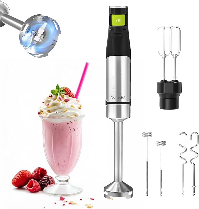 Consciot 4-in-1 Immersion Blender Handheld Max 1100W, Trigger Speed Control | Corded Stick Emulsifier with Entire Stainless Steel Blender Shaft, For Blending, Beating, Frothing, Mixing & More, Non-BPA