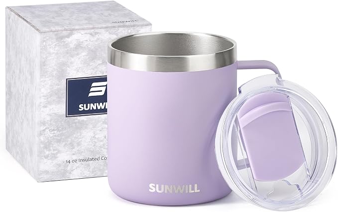SUNWILL Travel Coffee Mug with Lid, Insulated Tumbler with Handle, 14 oz Stainless Steel Cup for Home, Office, Camping, Powder Coated Orchid