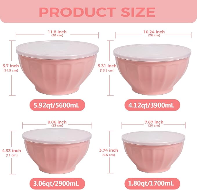 BoxedHome Mixing Bowls with Lids Set, 8 pieces Large 0.2” Thick Plastic Nesting Mixing Bowl, Microwave Safe,Size 5.92, 4.12,3.06,1.80 Quart, Pink