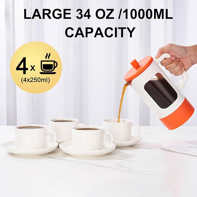 YOLIFE French Press Coffee Maker, 34 oz / 4 Cup Coffee Tea Press with Heat-resistant Borosilicate Glass, 4-Level Filtration Systems, Cold Brew Coffee Maker for Camping Travel Gifts, White and Orange