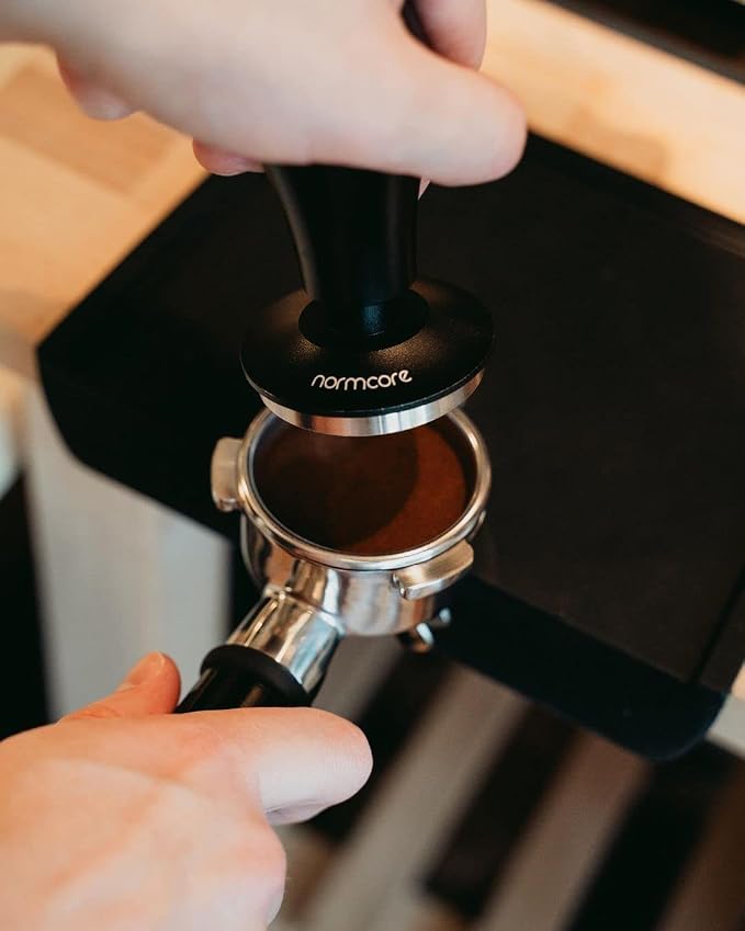 Normcore V4 Coffee Tamper 53.3mm - Spring-Loaded Tamper - Barista Espresso Tamper with 15lb / 25lb / 30lbs Replacement Springs - Anodized Aluminum Handle and Stand - Flat Base, Black