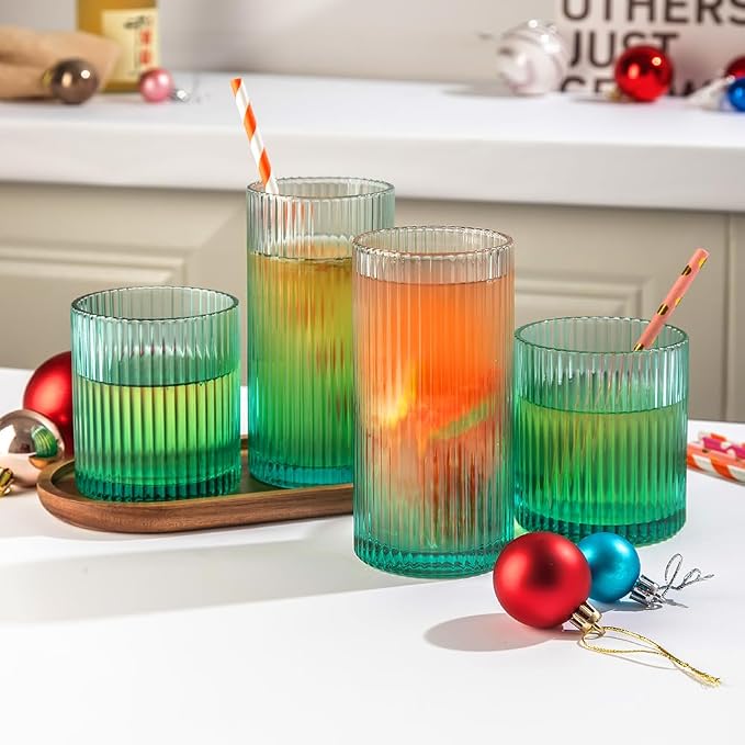 Ribbed Drinking Glasses 8pcs, 12oz and 10oz Glassware, Tumbler Glasses Cup Set for Wedding, Party, Christmas Gift, Green