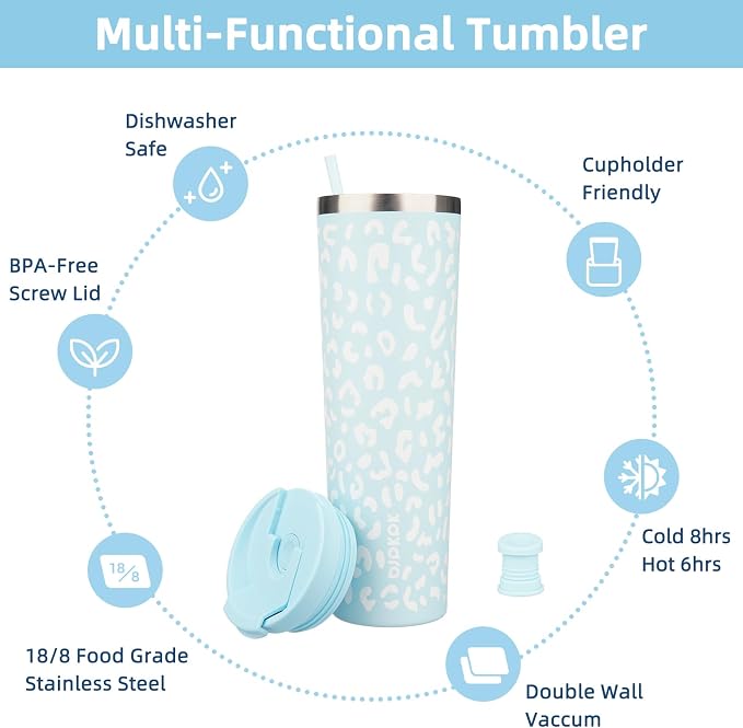 BJPKPK 34oz Coffee Tumbler with Straw, Insulated Stainless Steel Cup | Double Wall Vacuum, Leak Proof Lid, Keeps Hot/Cold/Iced, BPA Free, Travel & Outdoor, Light Blue Leopard