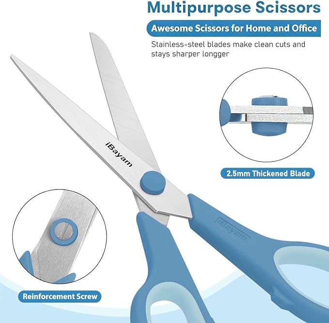 iBayam 8.5" Pastel Scissors All Purpose Heavy Duty 3Pack, 2.5mm Sharp Blade | Soft Comfort-grip | Left/Right Handed | Cuts cardboard, fabric, vinyl & leather | office, classroom, school & craft desk