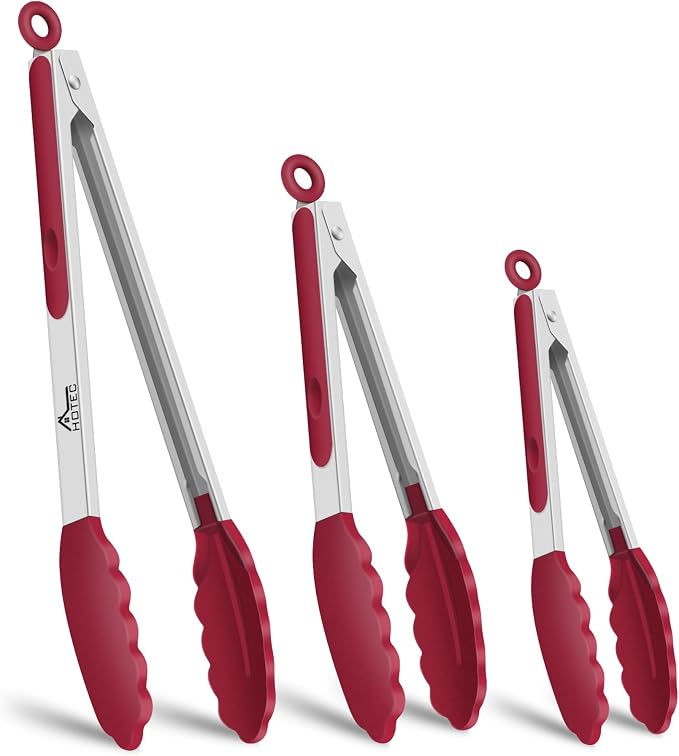 HOTEC Premium Stainless Steel Locking Kitchen Tongs with Silicon Tips, Set of 3-7", 9" and 12" (Red)