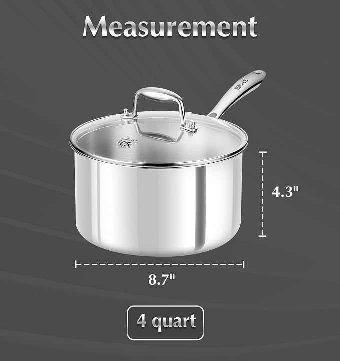KOCH SYSTEME CS 4 Quart Stainless Steel Saucepan with Lid, Tri-Ply Stainless Steel Pot 4QT, Large Cooking Pot, Sauce Pan with Stay Cool Handle, Induction Compatible Pot, Oven Safe 600°F