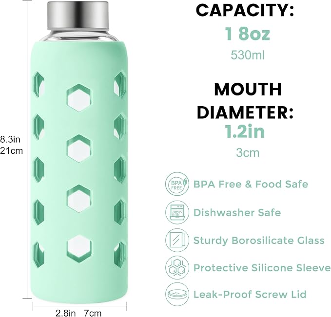Mrsdry 18 oz Glass Water Bottles with Lids & Silicone Sleeves, 4-Pack | BPA Free, Leak-Proof Reusable Glass Drinking Bottles with Stainless Steel Airtight Cap for Juicing, Dishwasher Safe, Non-Slip