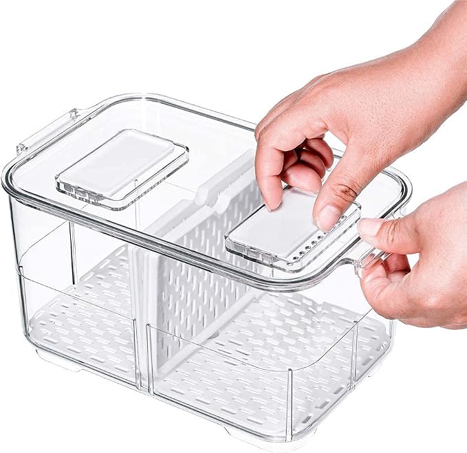 SANNO Vegetable Fruit Containers Fridge Food Storage Produce Saver Container Stackable Refrigerator Freezer Organizer Fresh Keeper Drawers Organizer set of 2