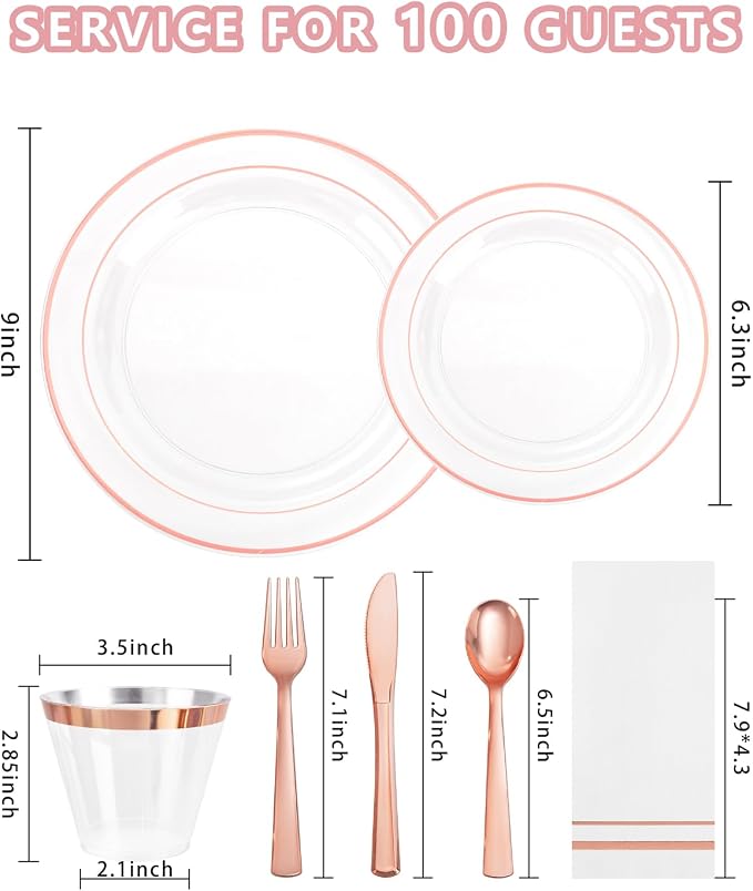 GATHER 700PCS Clear Rose Gold Plastic Plates 100 Guest for Wedding Party | Clear Rose Gold Disposable Dinnerware Set includes 200 Plates, 300 Silverware, 100 Napkins, 100 Cups for Baby Shower Birthday