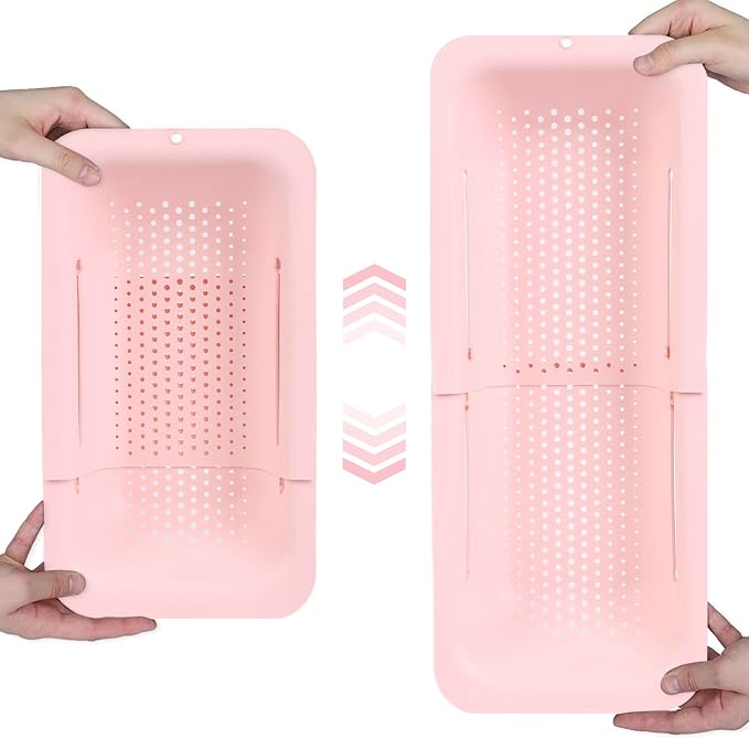 Blue Ginkgo Over Sink Colander, Extendable Kitchen Strainer, Pink | Fits Most Sinks. Rinse, Drain and Dry with Ease.