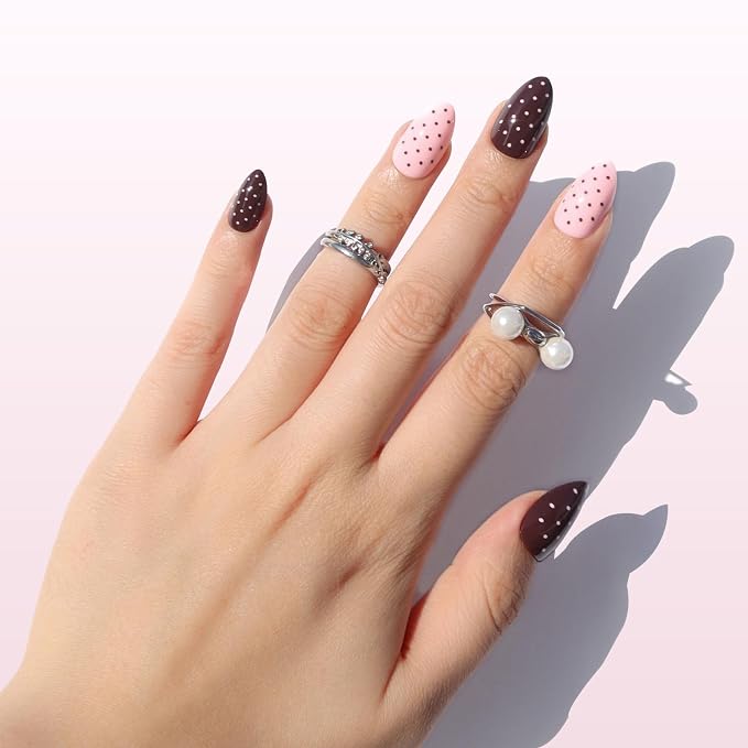 Nail Reformation Press On Nails, Double Dip | Polka Dot Short Almond 32 Pcs | 16 Sizes Fake Nails in Rich Brown and Creamy Pink with Glossy Finish, Reusable Stick On Nails, False Nail Kit for Women Gifts