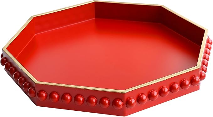 Red Serving Tray for Coffee Table, Octagonal Beaded Plastic Decorative Tray for Ottoman, Kitchen Counter, Living Room, Outdoor Lacquer Tray for Entertaining