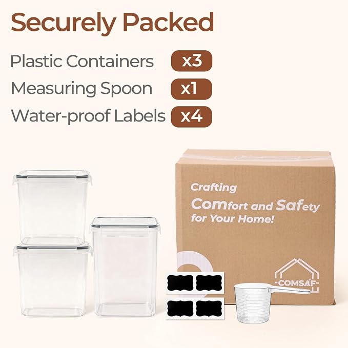ComSaf Airtight Flour and Sugar Container 2.6Qt & 5.5Qt 3Pack, Wide Mouth | Plastic Food Storage Canister with Lid, Flour Sugar Cereal Rice Oats, Pantry Kitchen, Stackable Baking Supplies, Label, Scoop