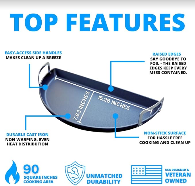 SnS Grills Slow ‘N Sear Cast Iron Drip 'N Griddle Pan 18", 3-in-1 Versatile Grill Accessory for Searing, Griddle and Drippings - Fits Weber & other 18” Kettle Grills