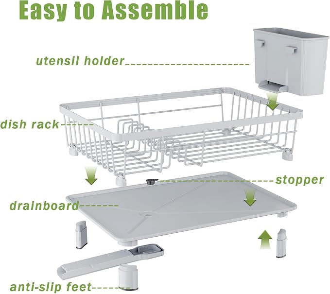 Dish Drainer Rack with Drip Tray, Sink Dish Drainer with Drainage Spout, Stainless Steel Dish Drying Rack with Cups, Utensil & Cutting Board Holders for Kitchen Counter Space-Saving, Grey
