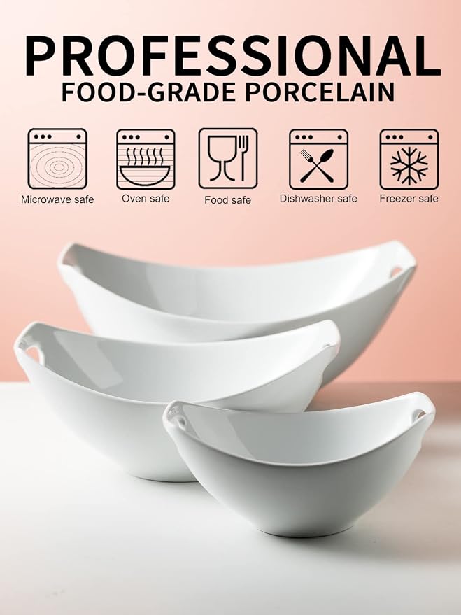 Gomakren White Serving Bowls for Entertaining, Porcelain Bowl with Handles | Set of 3 - 15/28/47oz, Multi-Size Nesting Bowls, Microwave Dishwasher Safe, Stackable Storage, Party Housewarming Gift
