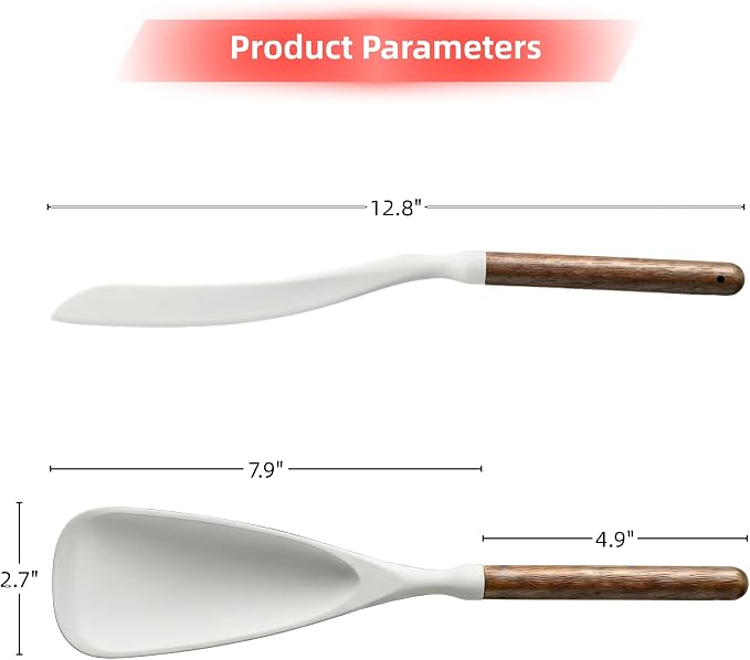 2-Pack Silicone Spoonula with Wooden Handle, BPA-Free Spatula Spoon for Nonstick Cookware, Heat Resistant Cooking Spoon for Mixing, Scraping, Scooping and Serving(White)
