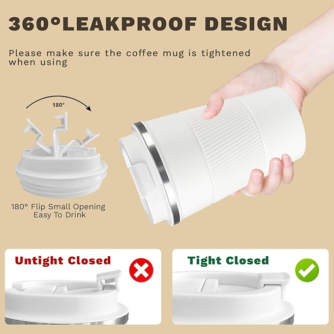 Vacuum Insulated Stainless Steel Travel Coffee Mug,Leak Proof Cup with Lid | 304 stainless steel mug with vacuum insulation, leak proof lid, silicone grip and car cup holder friendly design