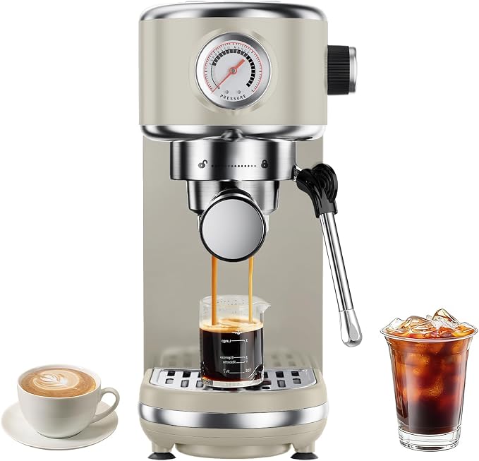 atatix 20 Bar Espresso Machine with Milk Frother, Compact Espresso Maker | Stainless Steel Coffee Machine with Precise Temp Control & 44oz Removable Water Tank for Latte, Cappuccino, Light Grey