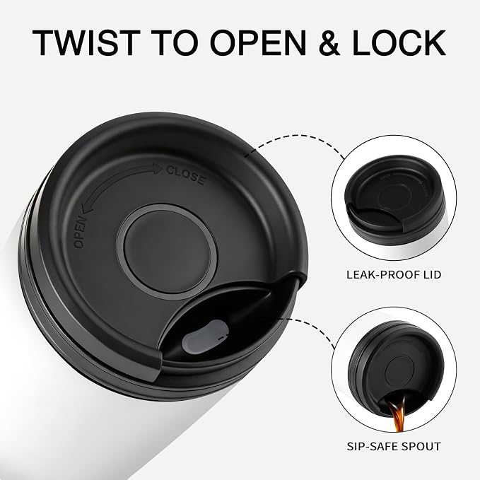16 oz Travel Coffee Mug with Twist-Open Lid, Leak Proof Coffee Travel Mug, Insulated Tumbler Stainless Steel Coffee Cup For Hot And Iced Cold, Spill Proof Fits Cup Holder (White)