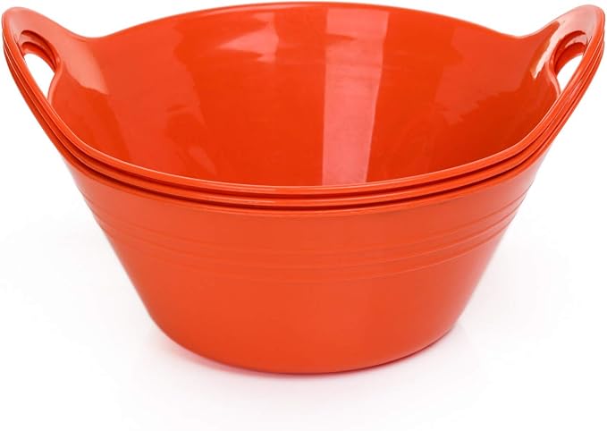 Mintra Home Plastic Bowls with Handles (970ml Small 3pk, Orange) - 6.75inW x 3inH - for snacks, candy, popcorn, gift basket, lightweight serving bowl for party, 3 Pack