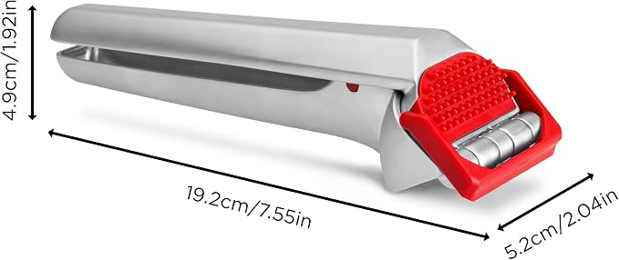 Dreamfarm Garject Garlic Press with Peel Ejector & Scraper - Red | No-peel mincer with skin eject button, crushes up to 3 cloves, dishwasher safe, durable chrome-plated zinc