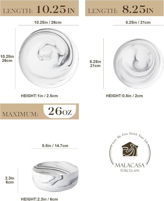 MALACASA 12 Pcs Porcelain Plates and Bowls Sets,Dinnerware Set for 4,Grey | Modern Ceramic Dishware Set,Kitchen Dining Ware,Microwave and Dishwasher Safe,Unique Marble Grey Design,Series LUNA