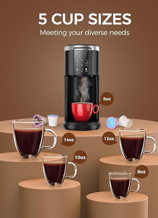 Electactic LED Single Serve Coffee Maker for KCup Pods & Ground Coffee | 2 in 1 coffee machine, 40oz removable water tank, 5 brew sizes 6–14oz, fast heating & self-cleaning for home and office