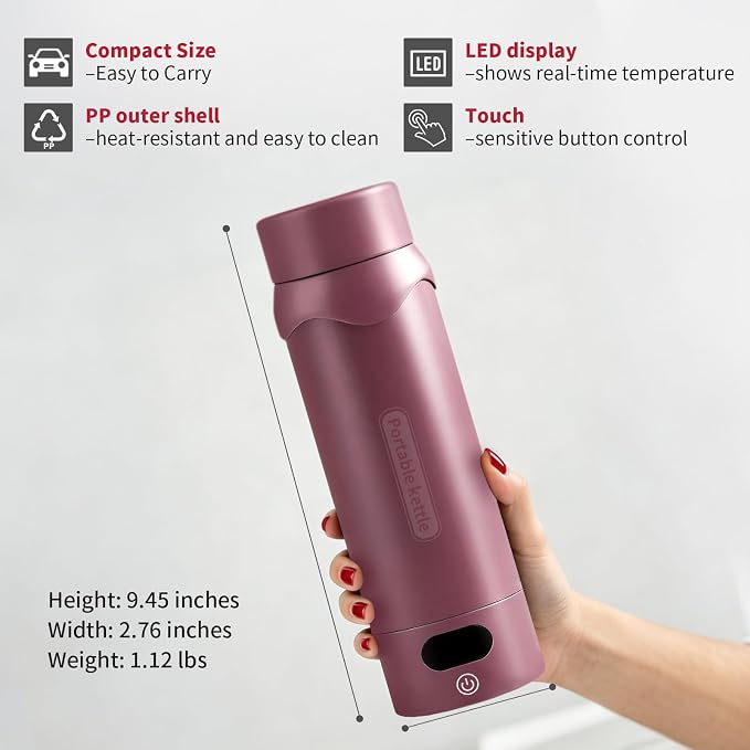 Travel Electric Kettle, Insulated Water Bottle with 4 Temp, Black Cherry | 316 Stainless Steel Liner, 400ml, Auto Shut-Off & Leak-proof, Mini Travel Essentials Portable Office Gifts for Tea Lovers