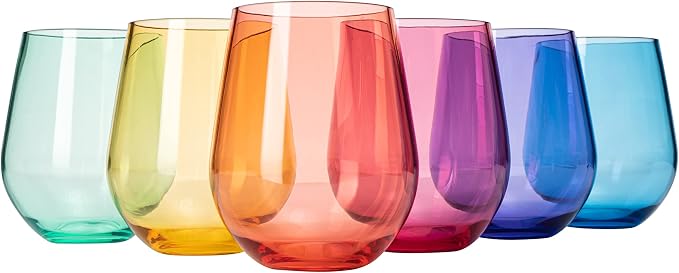 European Style Tritan Acrylic Stemless Wine Glasses Bright Colors, Set of 6 | 15 oz, Hand Wash Only, Premium Tritan Acrylic, Shatterproof & BPA-Free, Reusable Drinkware, Lightweight Design